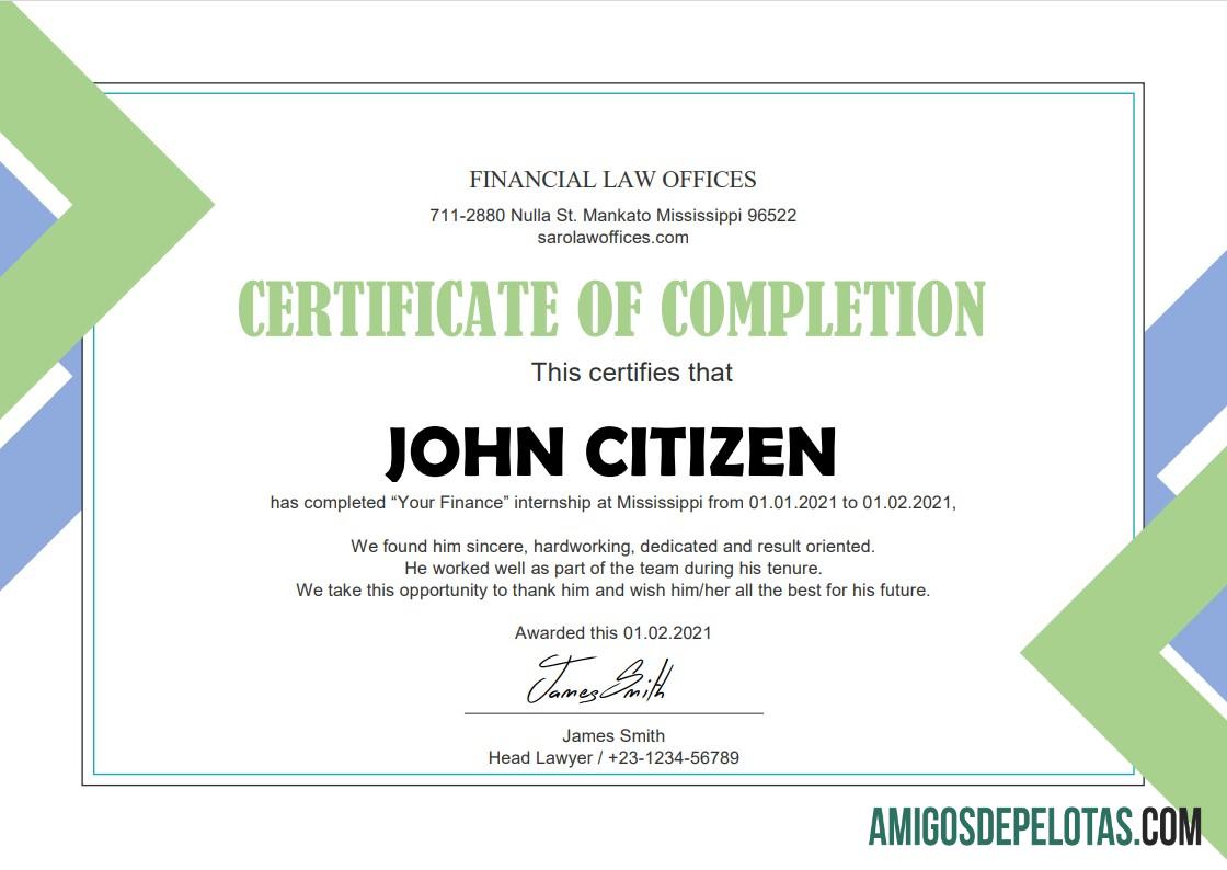 Em branco modelo de certificado de estágio em direito dos EUA em formato Word e PDF